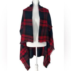 QUAGGA / Red Black Blue Plaid Shawl Scarf Wrap / Fringe / Goth Emo Punk Grunge